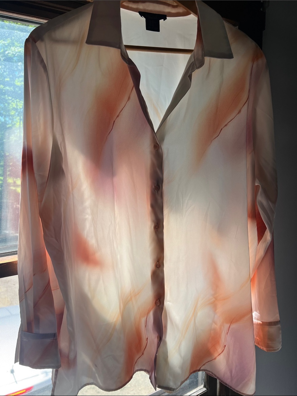 Rachel Zoe Sheer Button-Down Blouse in Peach and Pink Watercolor